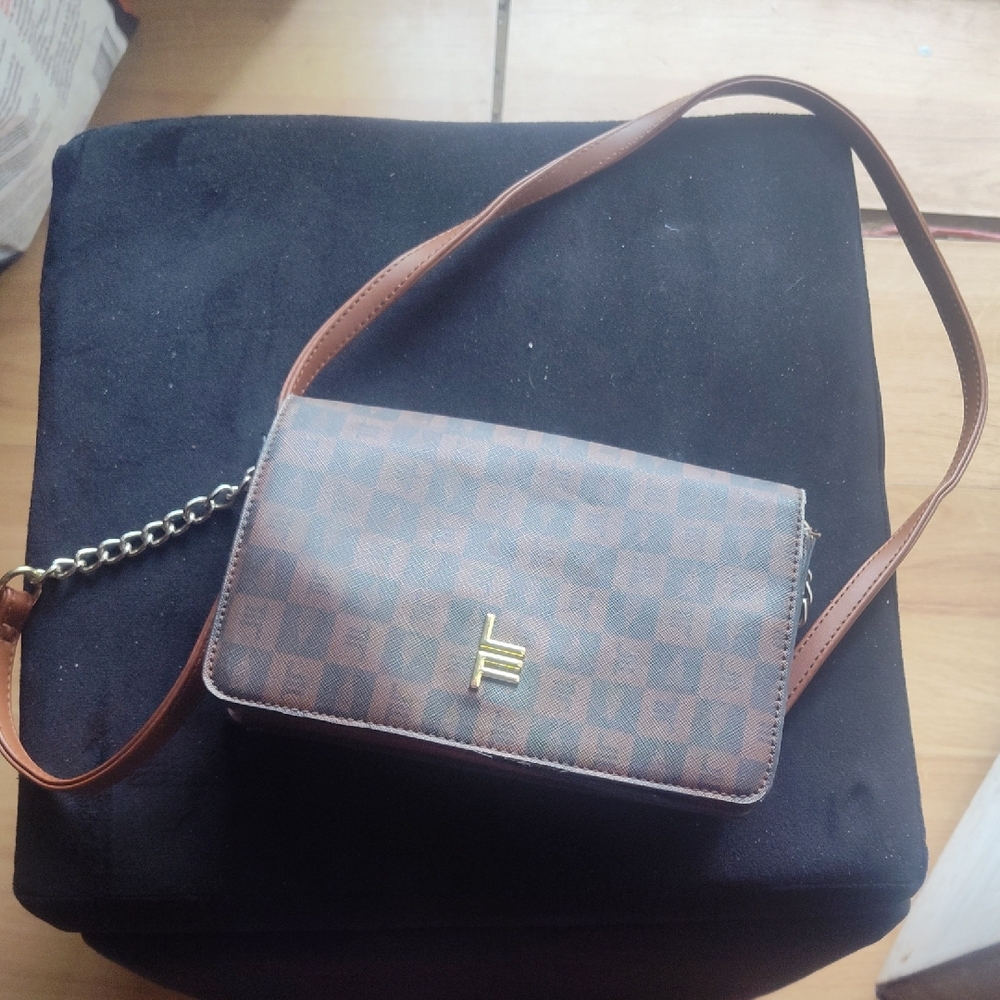 London Fog Brown and Black Checkered Crossbody Bag